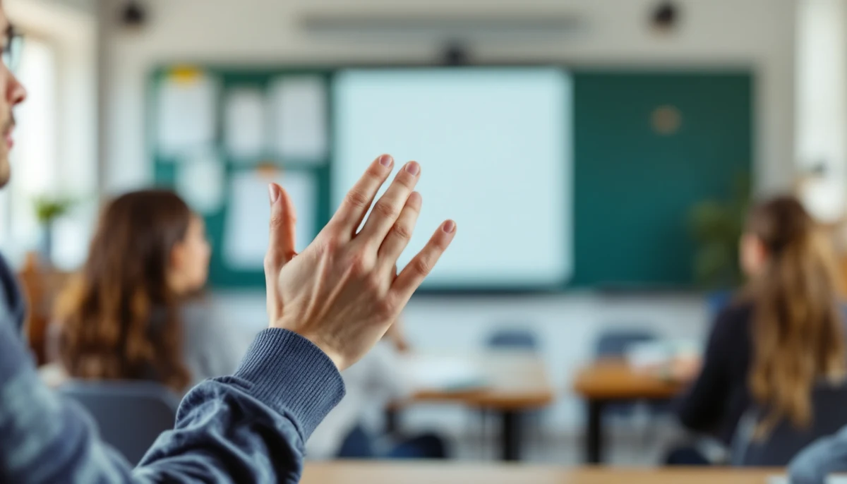A pair of hands caught mid-sign against a blurred modern classroom backdrop — the language in motion.
