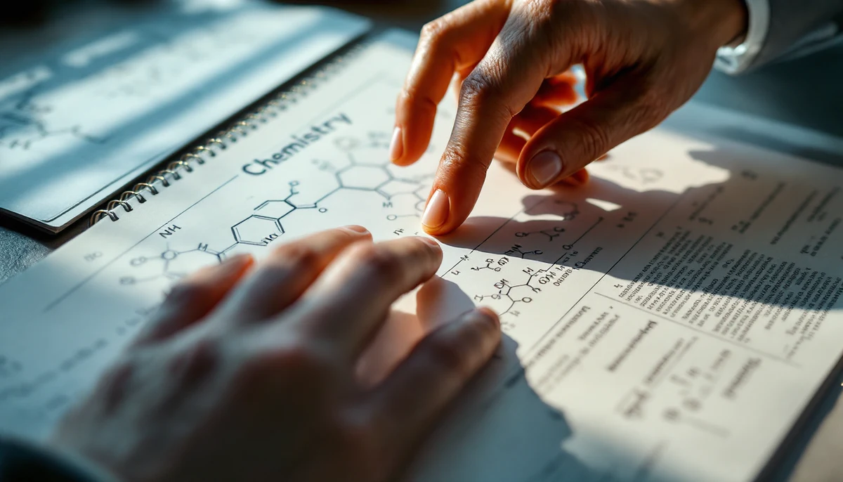 Two hands touching a raised-line tactile diagram of a chemistry molecule — the visual marker for tactile graphics in STEM education.