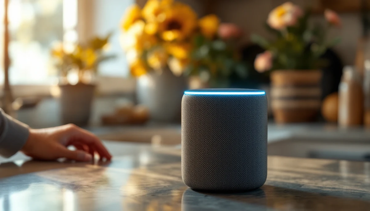A smart speaker with its top light ring glowing and a hand reaching toward it — the visual marker for voice-UI accessibility testing with atypical speech.