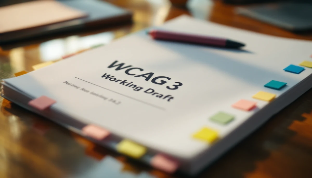A printed WCAG 3 working draft with colored sticky-tab bookmarks on a desk beside a WCAG 2.2 document — the visual marker for the WCAG 3 preview primer.
